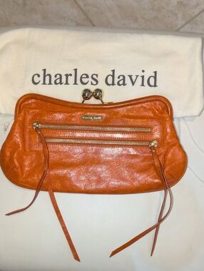 Charles David Orange Distressed Leather Kiss-Lock Clutch With Dust Bag